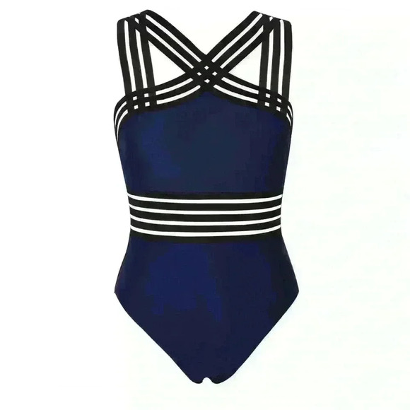 NWT Hilor navy blue Front Crossover One Piece Swimsuit Women’s Large Size 10-12 - Picture 2 of 8